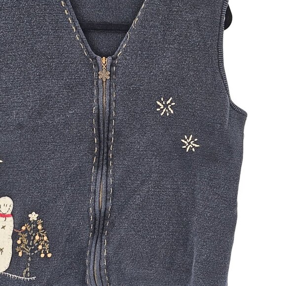 Woolrich Snowman Sweater Vest Black Christmas Appliqué Zip Snowflakes Vintage - Picture 5 of 11